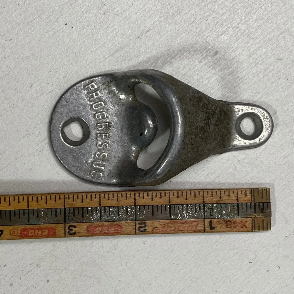 Vintage Progressus Wall Mount Bottle Opener Silver Metal Industrial Bar Tool